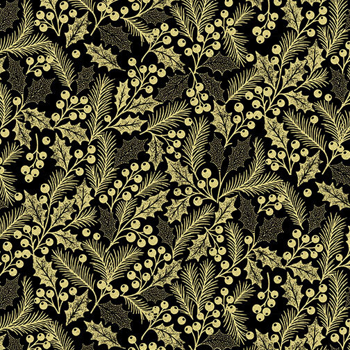 Black fabric with gold metallic pine branches and holly sprigs and berries.