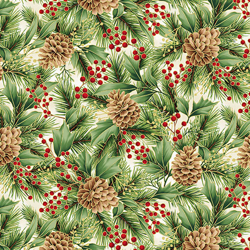 Cream fabric with a tightly packed design of pine branches, holly boughs, red berries, and pine cones.