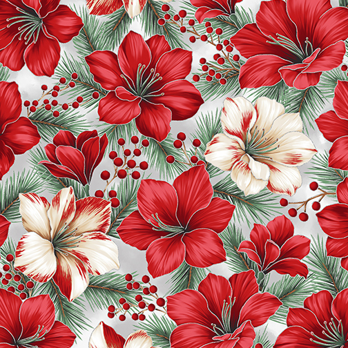 Icy gray fabric with boughs of pine branches, holly berries, and red and white poinsettias.