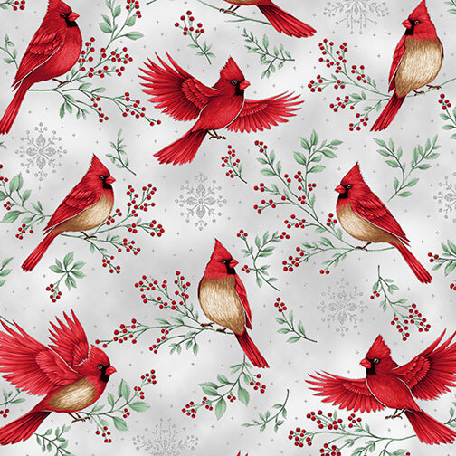 Icy gray fabric with scattered green holly sprigs with cardinals and gold metallic flourishes.