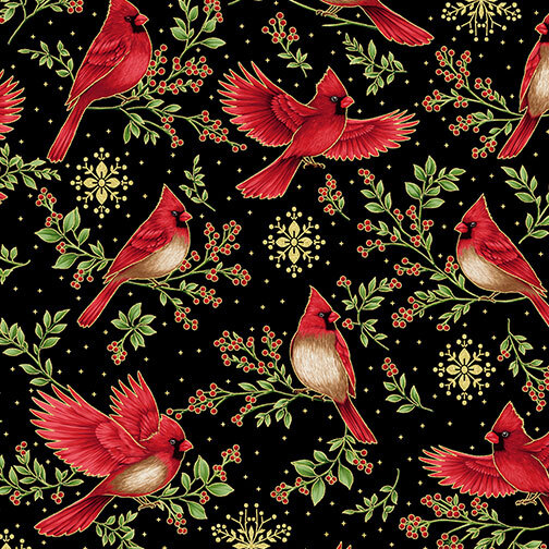 Black fabric with scattered green holly sprigs with cardinals and gold metallic flourishes.