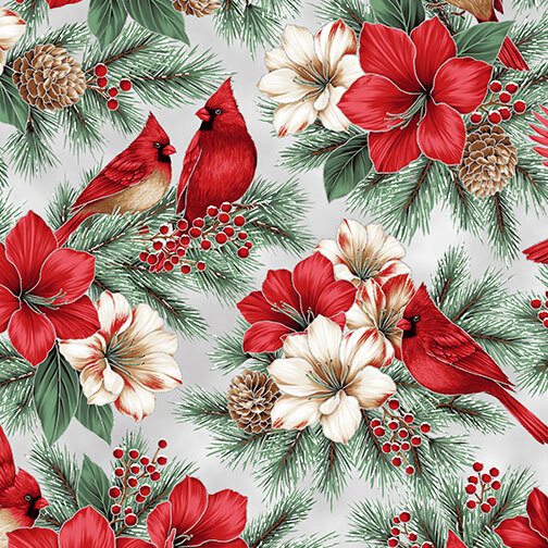 Icy gray fabric with tossed boughs of pine branches, pinecones, red and white poinsettias, and cardinals.