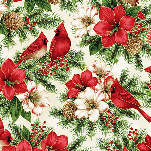 Cream fabric with tossed boughs of pine branches, pinecones, red and white poinsettias, and cardinals.