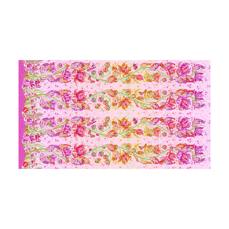 A vibrant fabric with winding vines and floral elements and an ombre showing a gradient of pink and purple to yellow and oragne, meeting in the middle. 