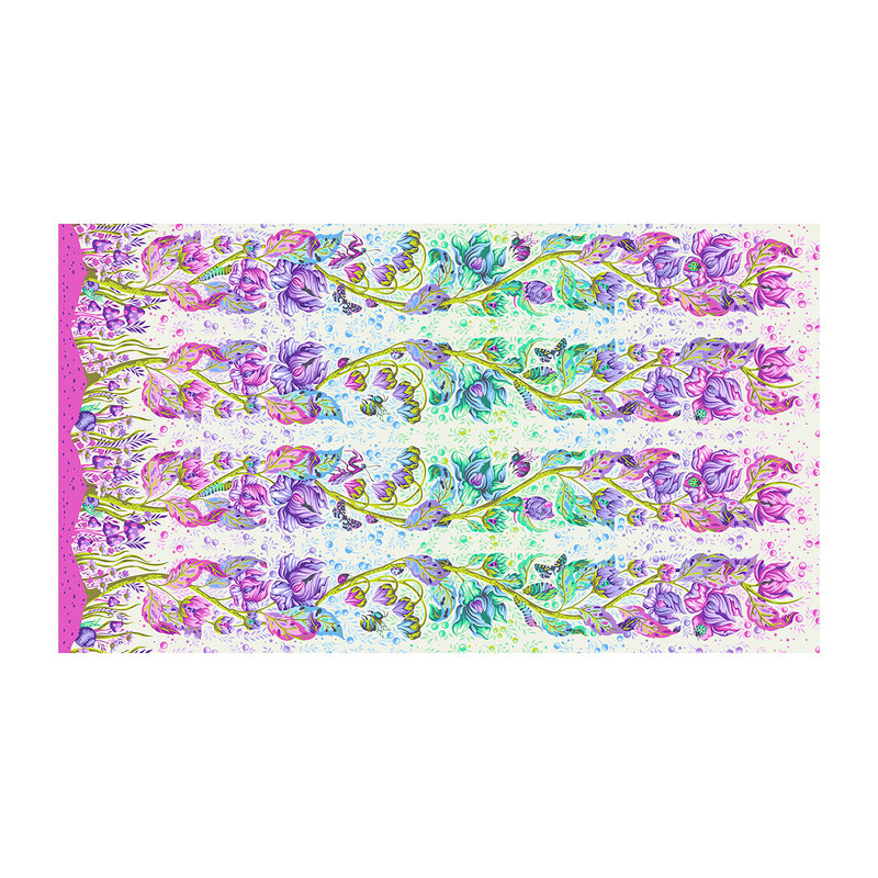 A very light mint fabric with winding flowers and vines in vibrant colors among many mushrooms and insects.