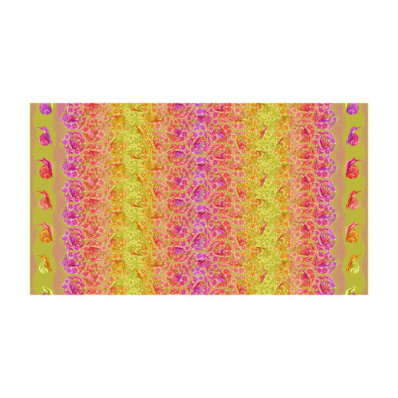 A light olive fabric with dense columns of pink, purple, orange, and lime roses, bordered by colorful snails and dotted accents along both sides.