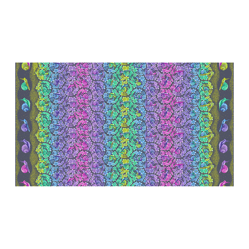 A soft black fabric with dense columns of pink, purple, aqua, and blue florals, bordered by colorful snails and dotted accents along both sides.