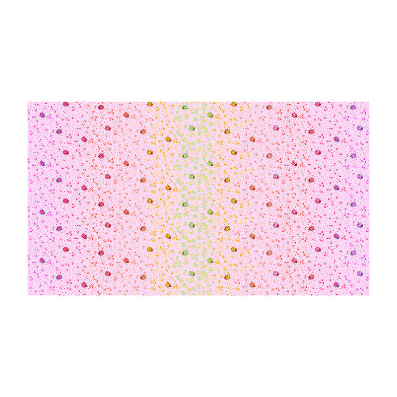 A pink fabric with scattered colorful ladybugs, tiny leafy sprigs, and dots arranged in mirrored ombre bands of purple, coral, yellow, and lime.