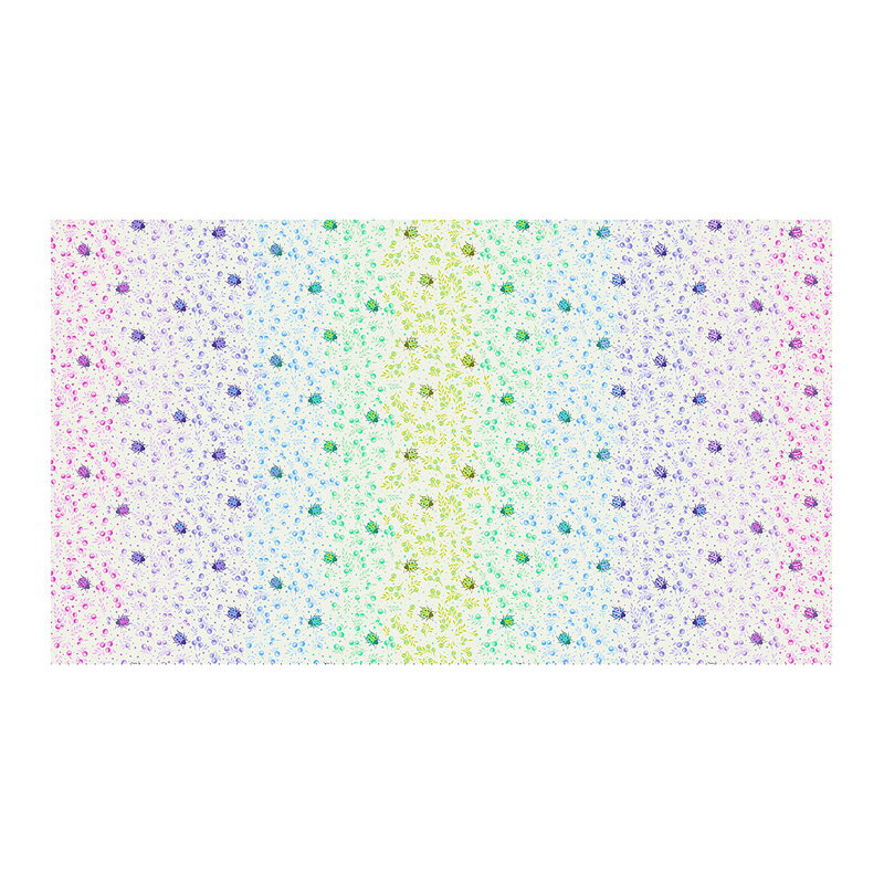 A white fabric with scattered colorful ladybugs, tiny leafy sprigs, and dots arranged in mirrored ombre bands of pink, purple, blue, aqua, and lime.