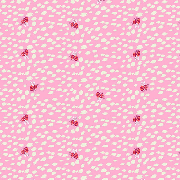 A pink fabric with scattered pink and red bees and small irregular cream spots.