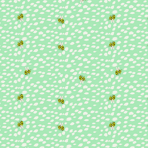 A mint fabric with scattered green bees and small irregular cream spots.