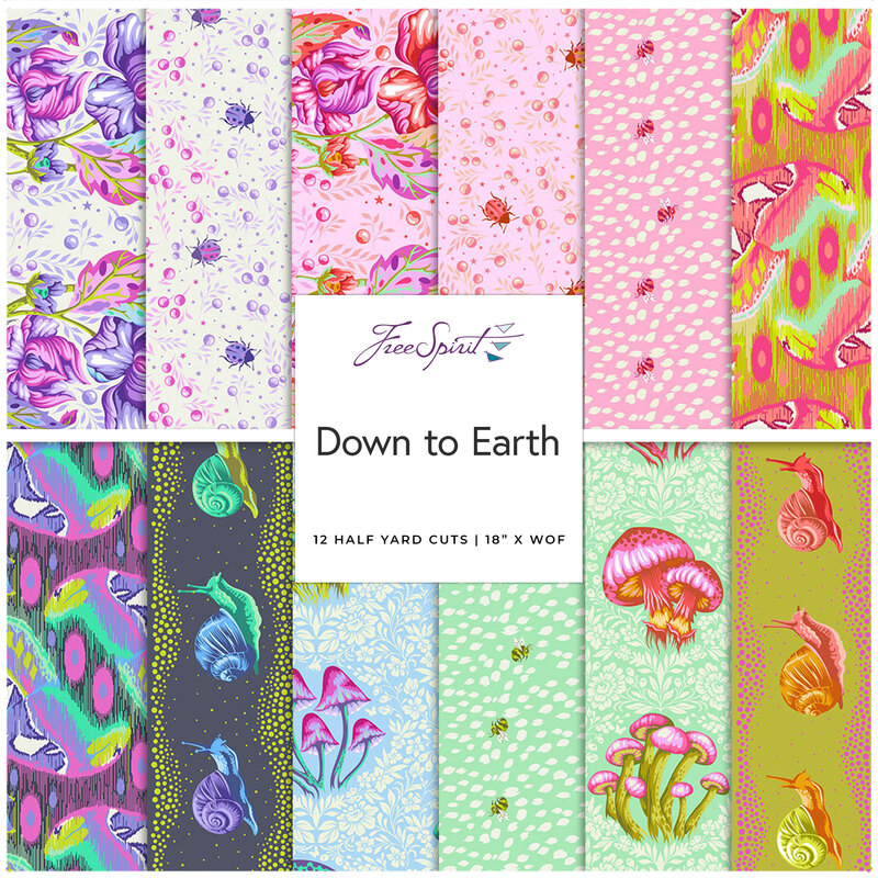 A collage of fabrics featured in the Down to Earth Half Yard Bundle by Tula Pink for FreeSpirit Fabrics.