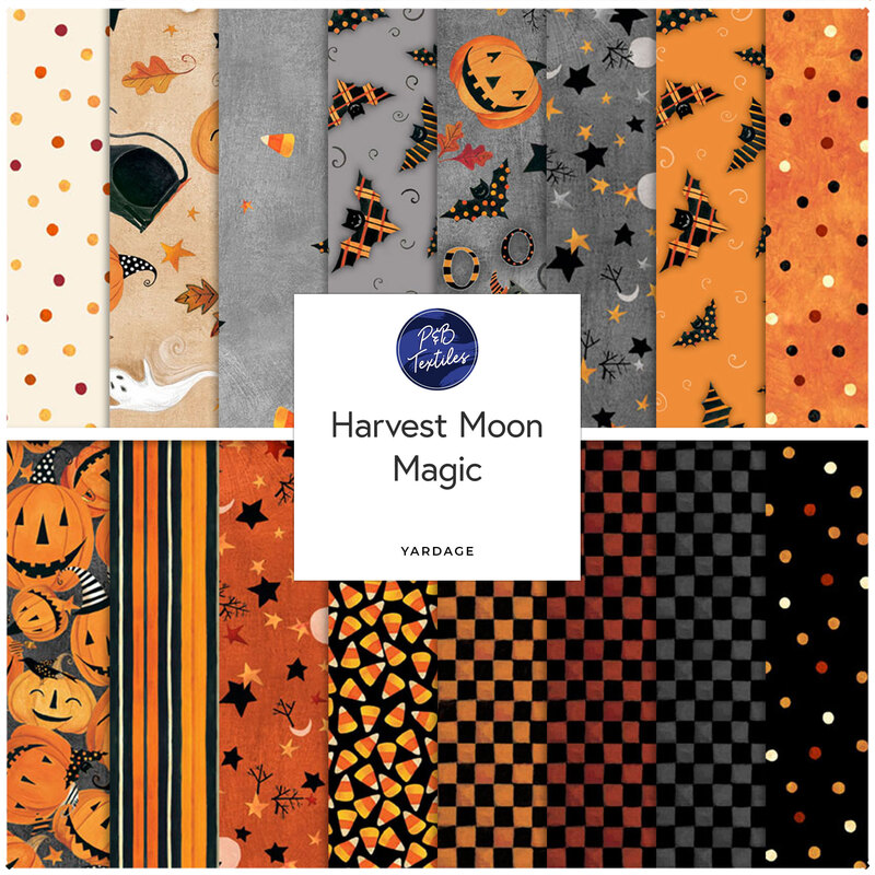 Digital collage of the Halloween themed yardage fabrics from the Harvest Moon Magic fabric collection.