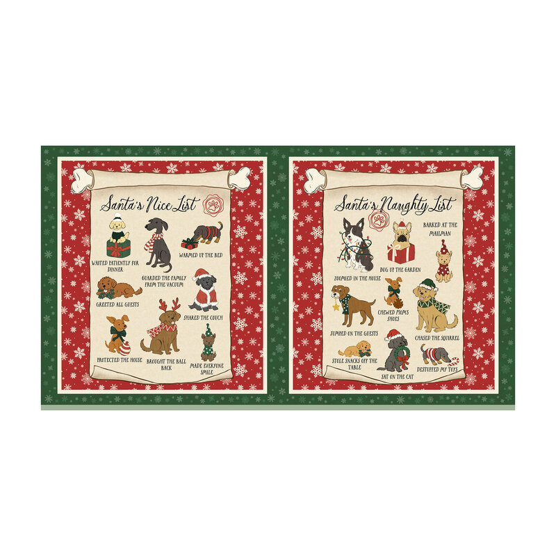 two coordinating designs showcasing Santa's Nice List and Naughty List, filled with adorable dogs and humorous holiday antics, framed by red and green snowflake borders.