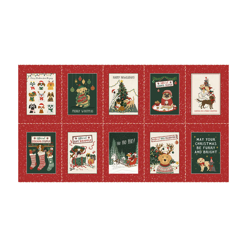 Christmas panel featuring ten charming holiday scenes of adorable dogs decorating trees, delivering gifts, filling stockings, and spreading Christmas cheer, complete with playful sayings and framed by a rich red background with snowy accents.