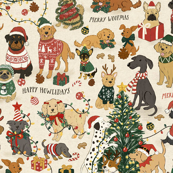 fabric featuring dogs dressed in festive sweaters, Santa hats, and holiday accessories, surrounded by decorated Christmas trees, colorful ornaments, wrapped gifts, and holiday sayings on a warm cream background.
