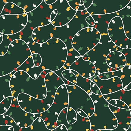 strands of colorful Christmas lights swirling across a hunter green background.