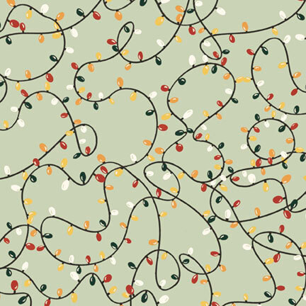strands of colorful Christmas lights swirling across a cool sage green background.