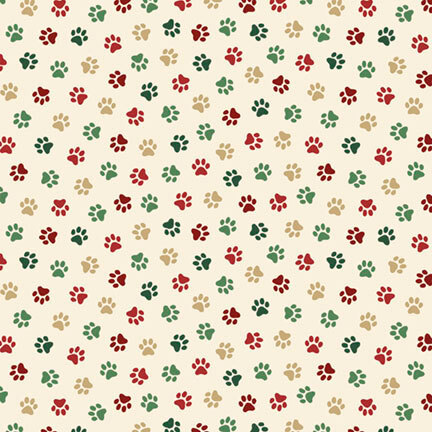tiny scattered paw prints in shades of red, green, and sand beige against a soft ecru background.