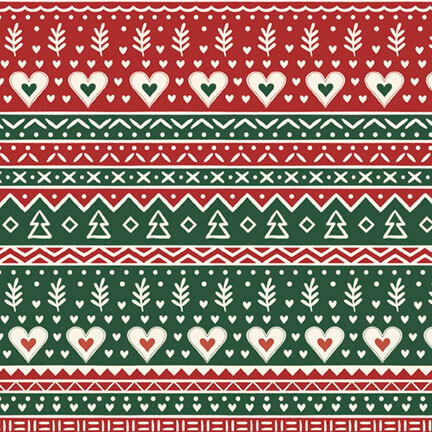 red and green Christmas fabric featuring horizontal rows of hearts, Christmas trees, and geometric motifs white creating a charming Fair Isle-inspired pattern.