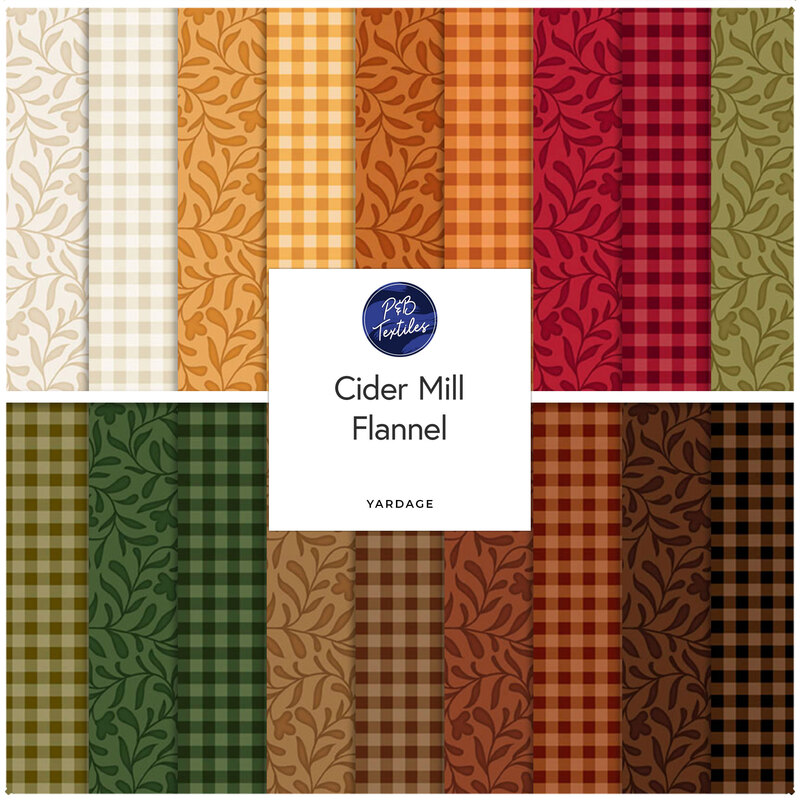 Digital collage of the available yardage fabrics from the Cider Mill Flannel fabric collection.