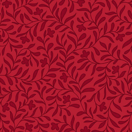 Cranberry red fabric with a tonal leafy vine design.