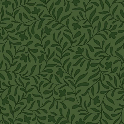 Pine green fabric with a tonal leafy vine design.