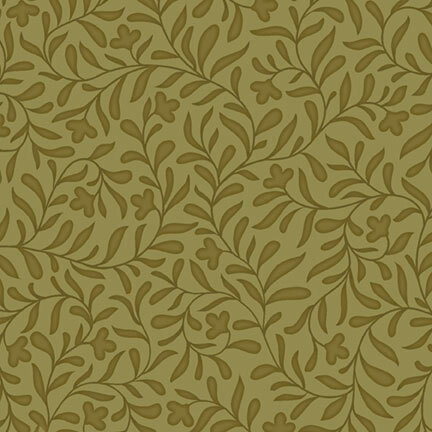 Olive green fabric with a tonal leafy vine design.