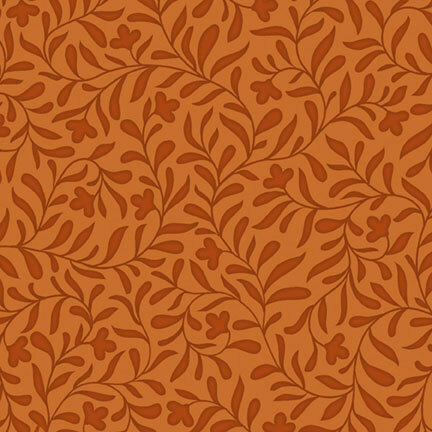 Pumpkin orange fabric with a tonal leafy vine design.