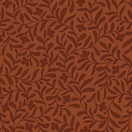 Rusty orange fabric with a tonal leafy vine design.