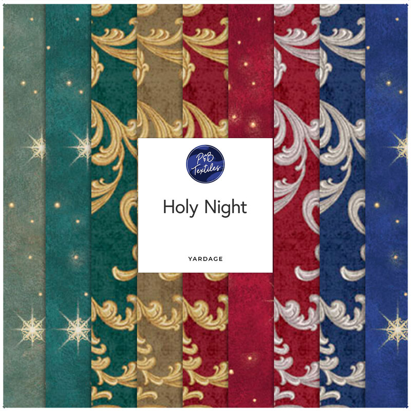 A collage of fabrics featured in the Holy Night Collection by Liz Goodrick-Dillon for P&B Textiles.