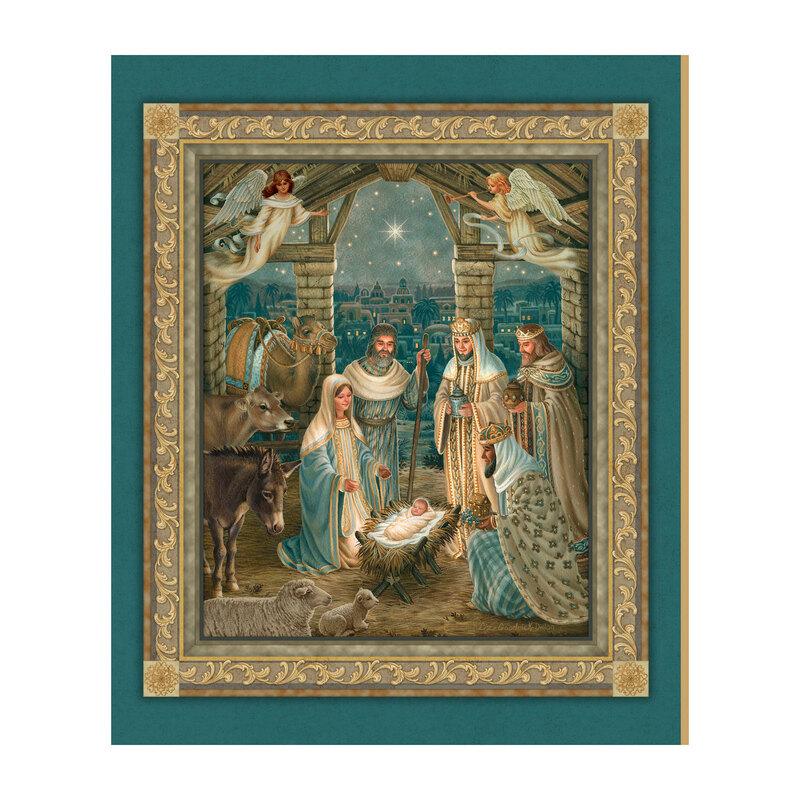 A teal fabric panel with a framed nativity scene depicting baby Jesus, Mary, Joseph, three wise men, angels, and stable animals surrounded by ornate gold scrollwork.
