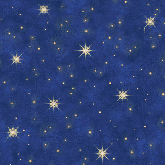 A mottled royal blue fabric with scattered gold stars and tiny glowing dots, creating a peaceful night sky inspired by the story of Christmas.