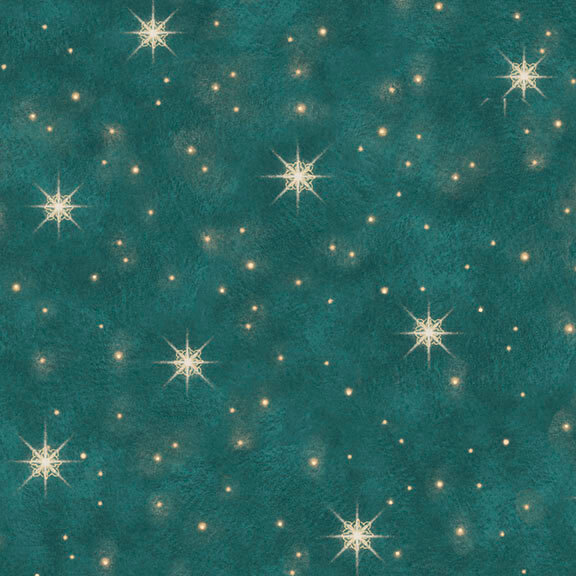 A mottled teal fabric with scattered gold eight-pointed stars and small glowing dots.