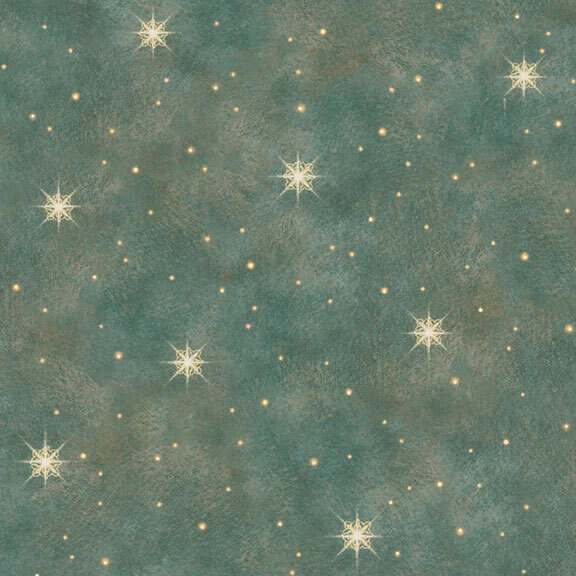 A mottled juniper fabric with scattered gold eight-pointed stars and small glowing dots.