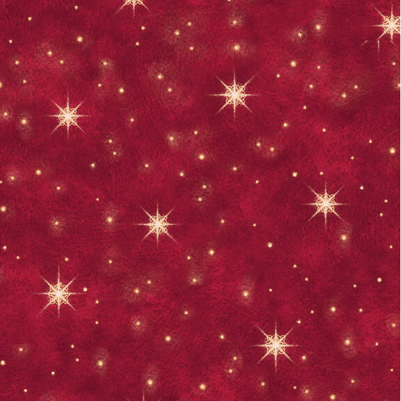 A mottled crimson red fabric with scattered gold eight-pointed stars and small glowing dots.