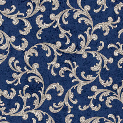 A textured navy blue fabric with large silver ornamental scrolls and curling acanthus leaves.