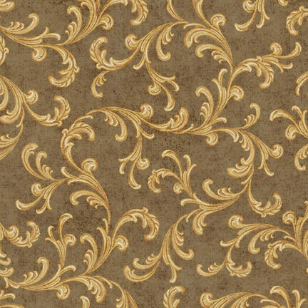 A textured taupe fabric with large gold ornamental scrolls and curling acanthus leaves.