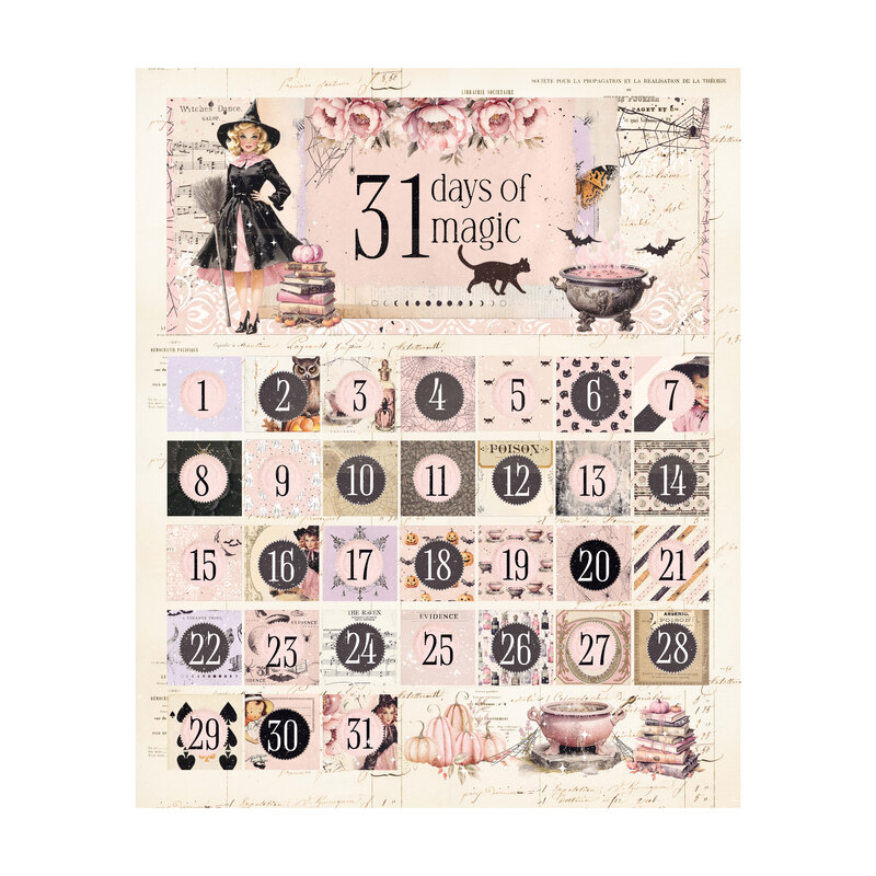 cream fabric panel featuring a vintage Halloween calendar design with spooky motifs such as black cats, pumpkins, witches, and potions.