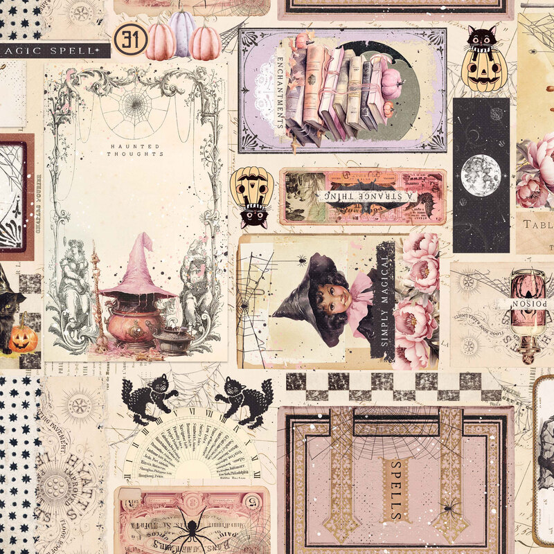 cream Halloween fabric featuring a vintage-inspired collage of witches, spell books, bubbling cauldrons, black cats, pumpkins, spiderwebs, and antique labels, accented with delicate pink florals and nostalgic details in soft shades of blush, lavender, cream, and black.