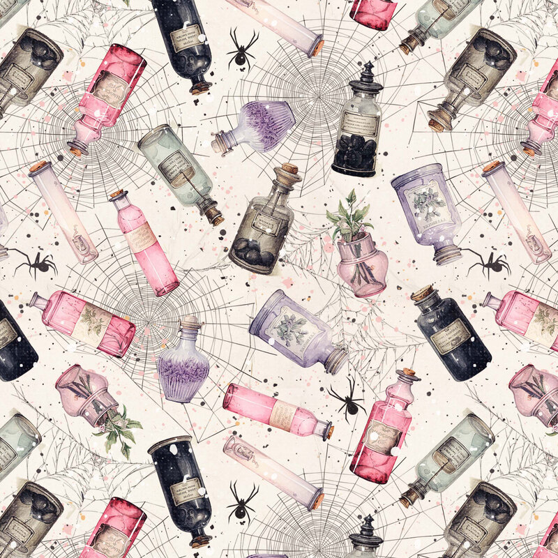 Halloween fabric features vintage-inspired potion bottles, mystical elixirs, and apothecary jars in shades of pink, lavender, sage, and black, scattered among delicate spiderwebs, tiny spiders, and ink splatters against a soft beige background.