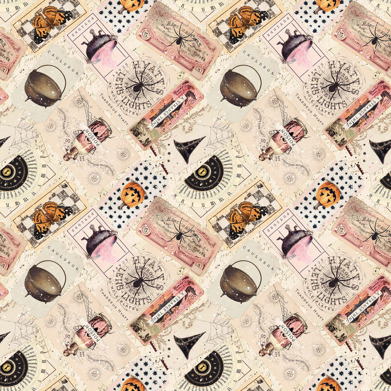 Halloween fabric featuring a vintage-inspired collage of antique potion labels, bubbling cauldrons, jack-o'-lanterns, spiders, butterflies, and mystical symbols in soft shades of blush pink, peach, purple, and black against an aged parchment background.