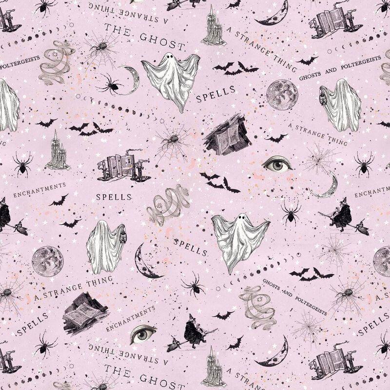 Halloween fabric featuring vintage-inspired ghosts, witches, bats, spiders, spell books, crescent moons, and mystical symbols, accented with spooky phrases, scattered stars, and textured ink splatters against a soft lilac background.