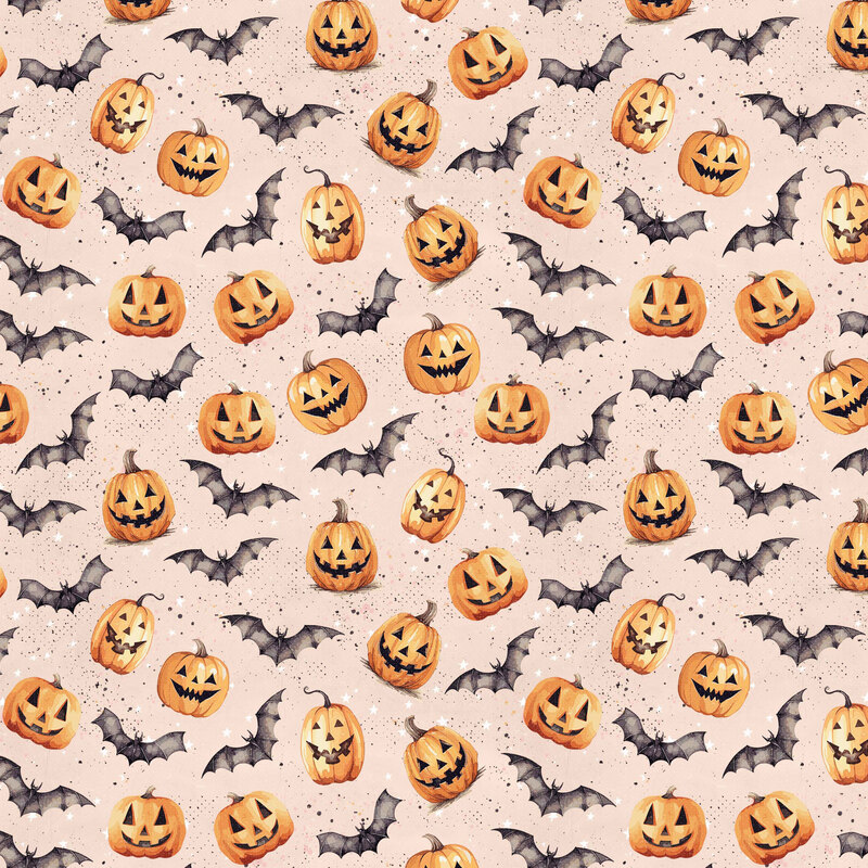 playful Halloween fabric featuring cheerful orange jack-o'-lanterns and flying black bats scattered across a soft blush pink background, accented with tiny white stars and black speckles