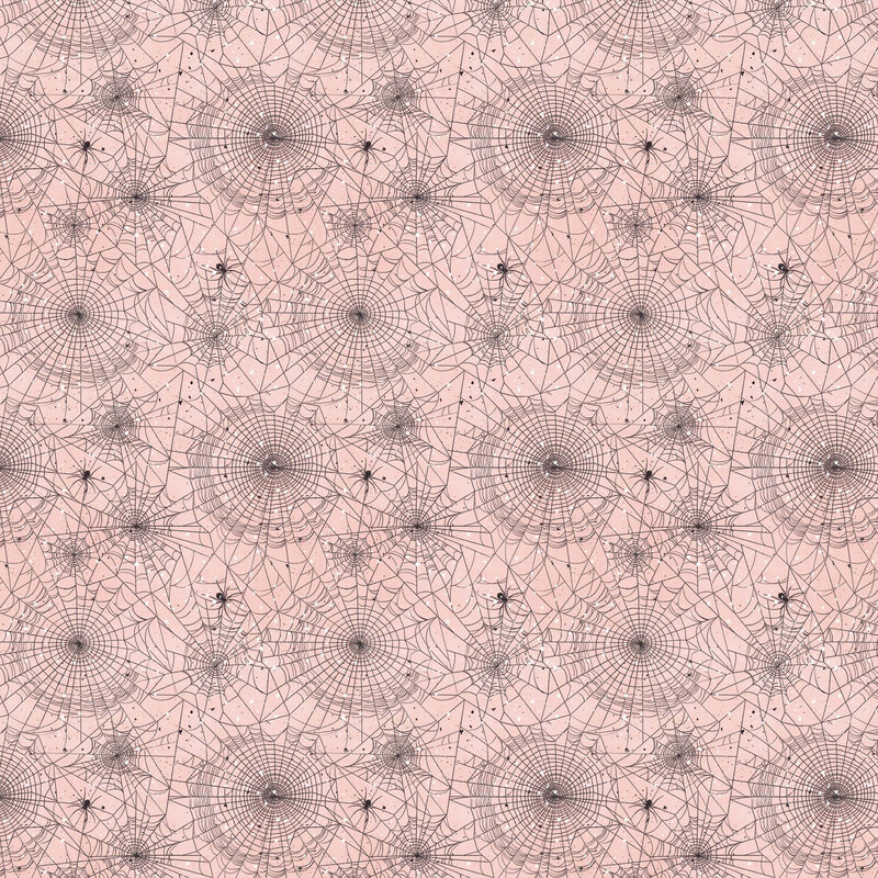 features an intricate network of delicate black spiderwebs and tiny scattered spiders against a soft blush pink background, accented with subtle white stars and speckles.