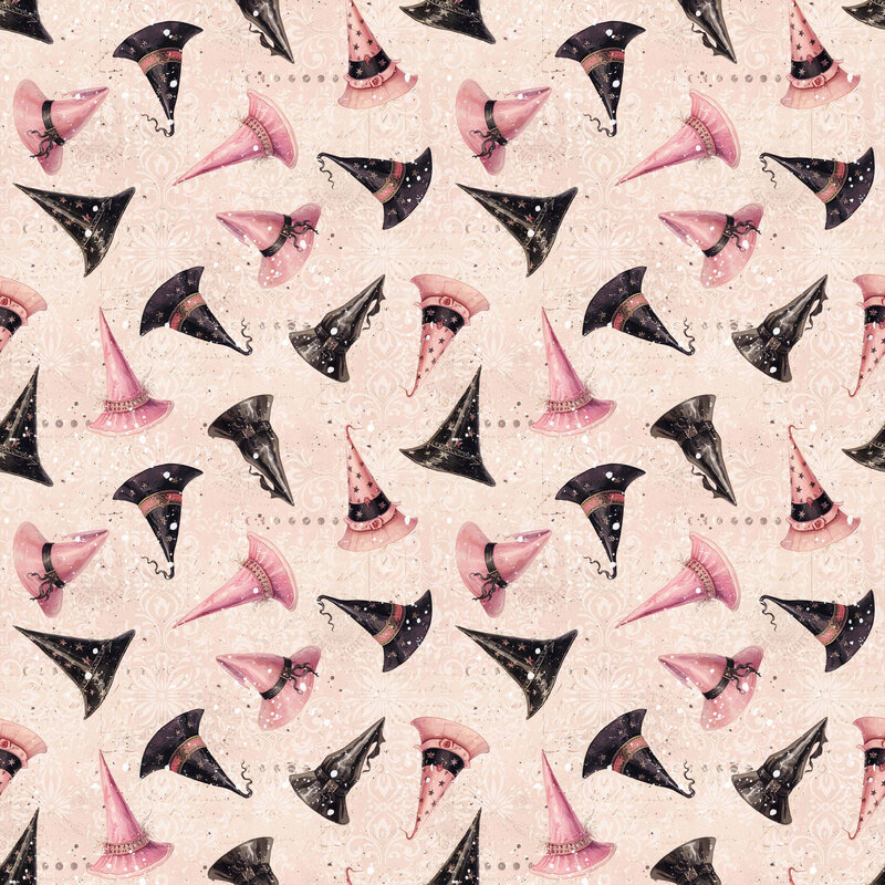 an assortment of charming witch hats in shades of blush pink and black, adorned with delicate stars, ribbons, and decorative accents against a soft blush background with intricate vintage-inspired flourishes.