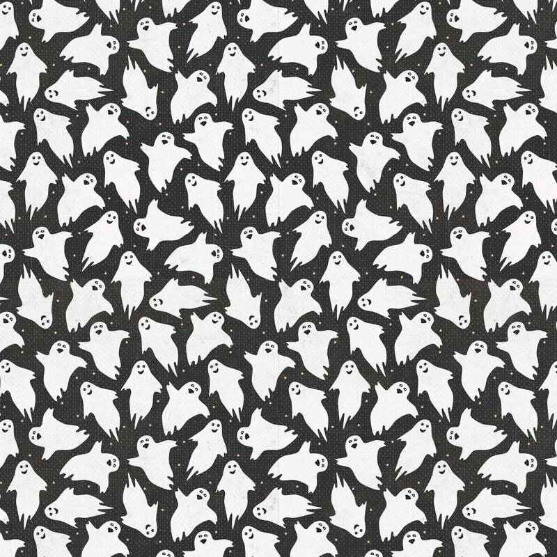 an assortment of white ghosts with a mixture of cheerful and spooky expressions scattered across a textured black background, accented with tiny golden stars for a fun, haunting touch.