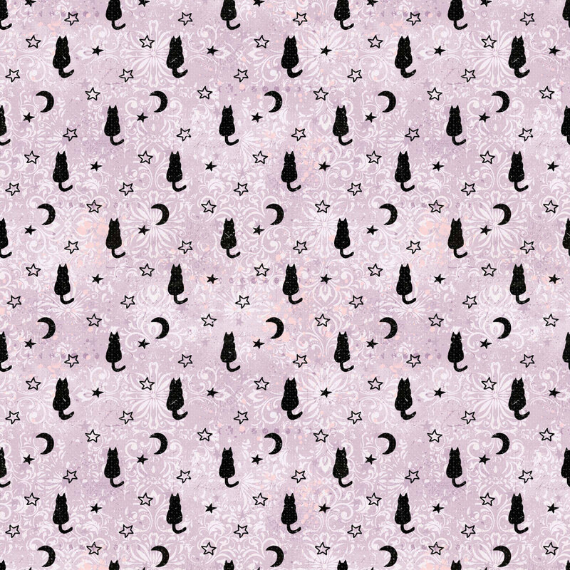 Halloween fabric featuring silhouettes of black cats, crescent moons, and scattered stars against a softly distressed lavender background adorned with delicate white floral scrollwork.
