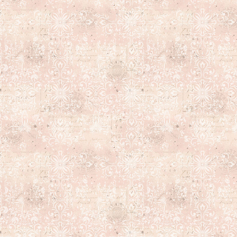 intricate white damask-inspired floral motifs and ornate scrollwork layered over a softly distressed blush pink background, accented with subtle vintage script and decorative details.