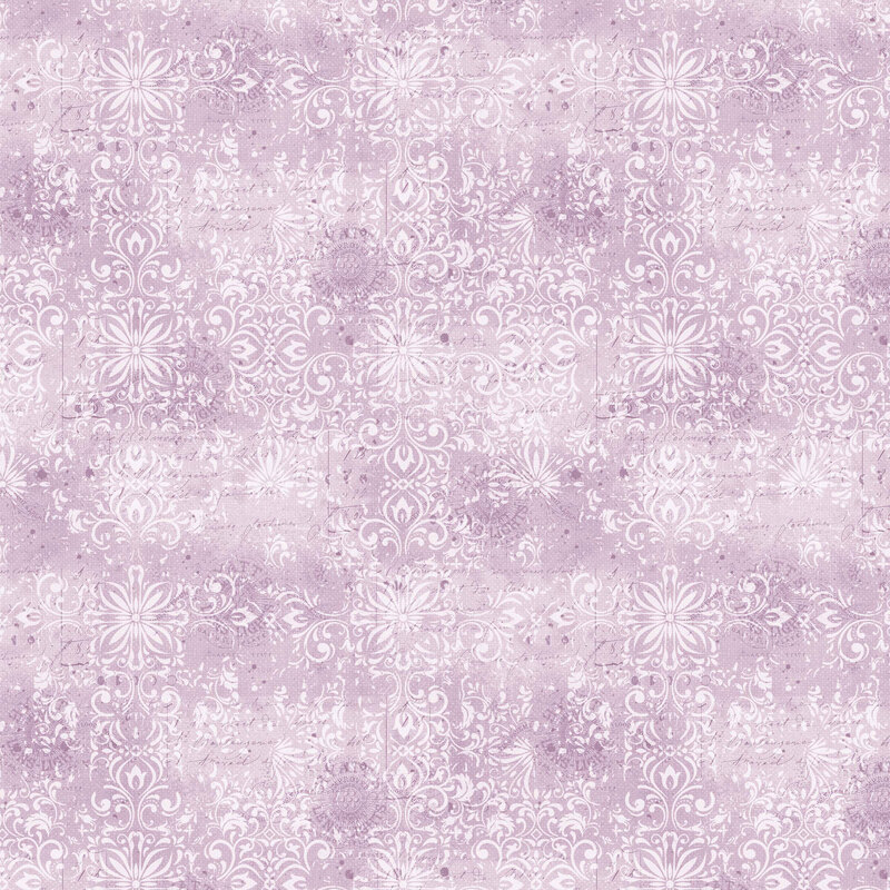 intricate white damask-inspired floral motifs and ornate scrollwork layered over a softly distressed muted lavender background, accented with subtle vintage script and decorative details.